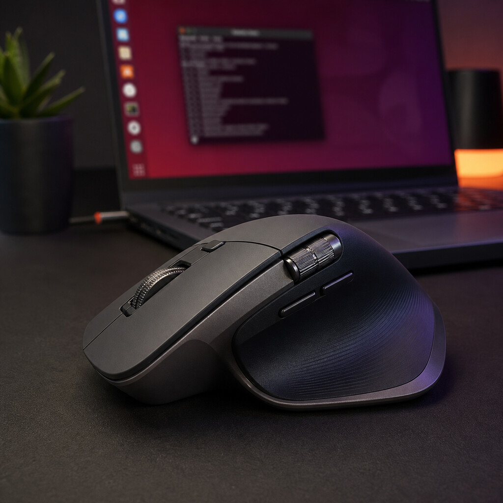 Ratón ergonómico de la familia Logitech MX Master delante de un escritorio Ubuntu