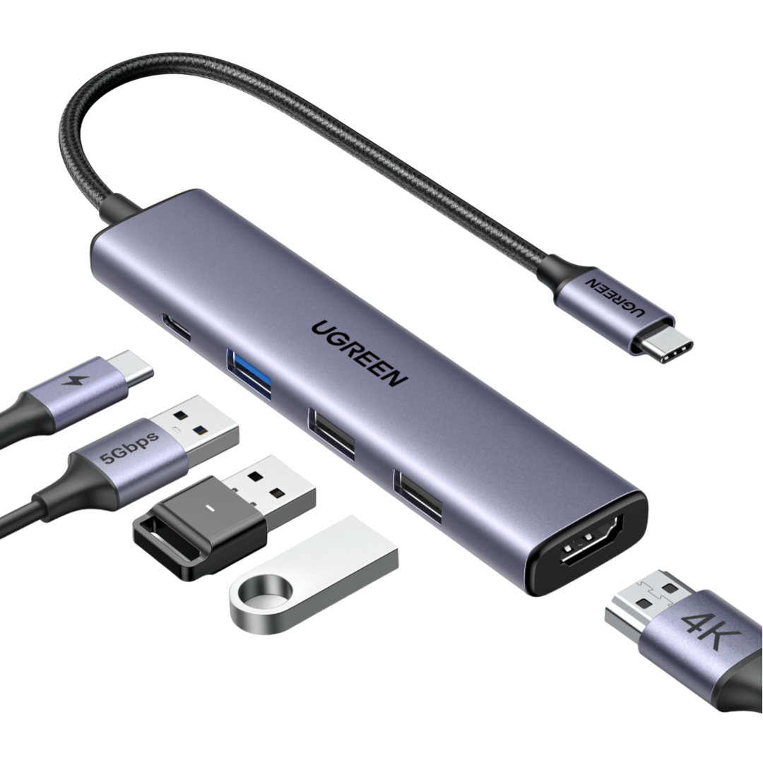 UGREEN Revodok 105 con tres puertos USB-A, alimentación USB-C y HDMI