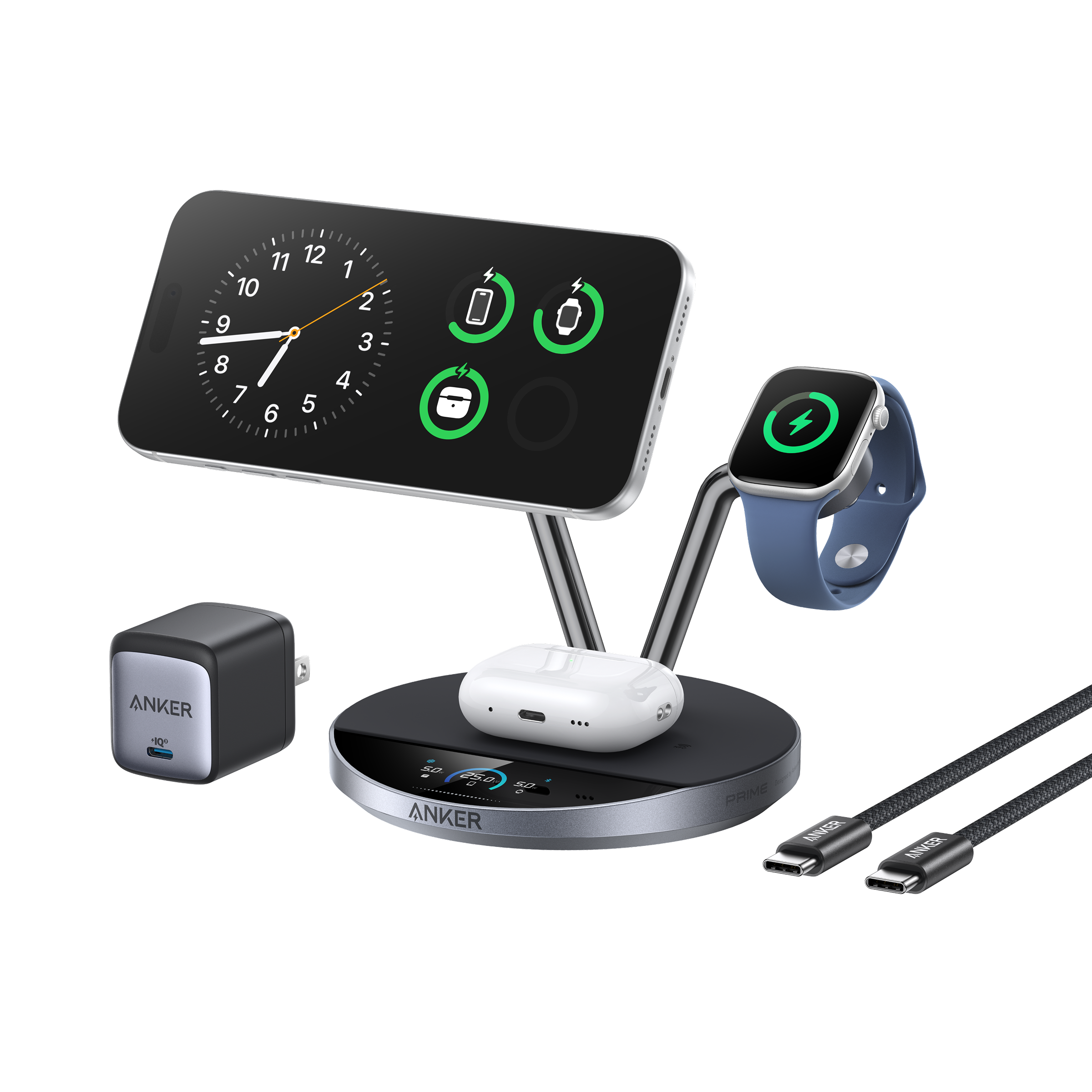 Base Anker Prime A25X7 cargando tres dispositivos