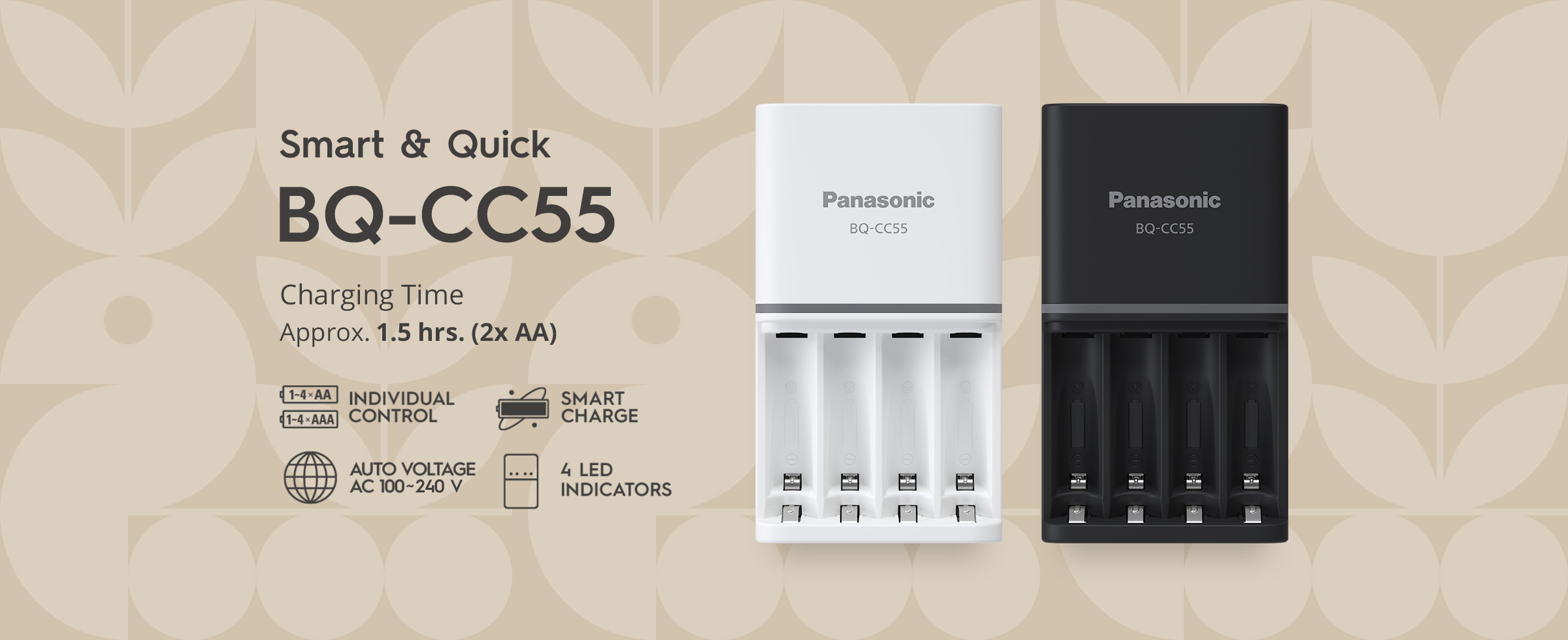 Panasonic BQ-CC55 en blanco y negro, con cuatro ranuras para pilas