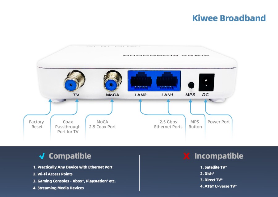 Conectores del Kiwee KB-M3-02: dos puertos Ethernet, MoCA y salida TV