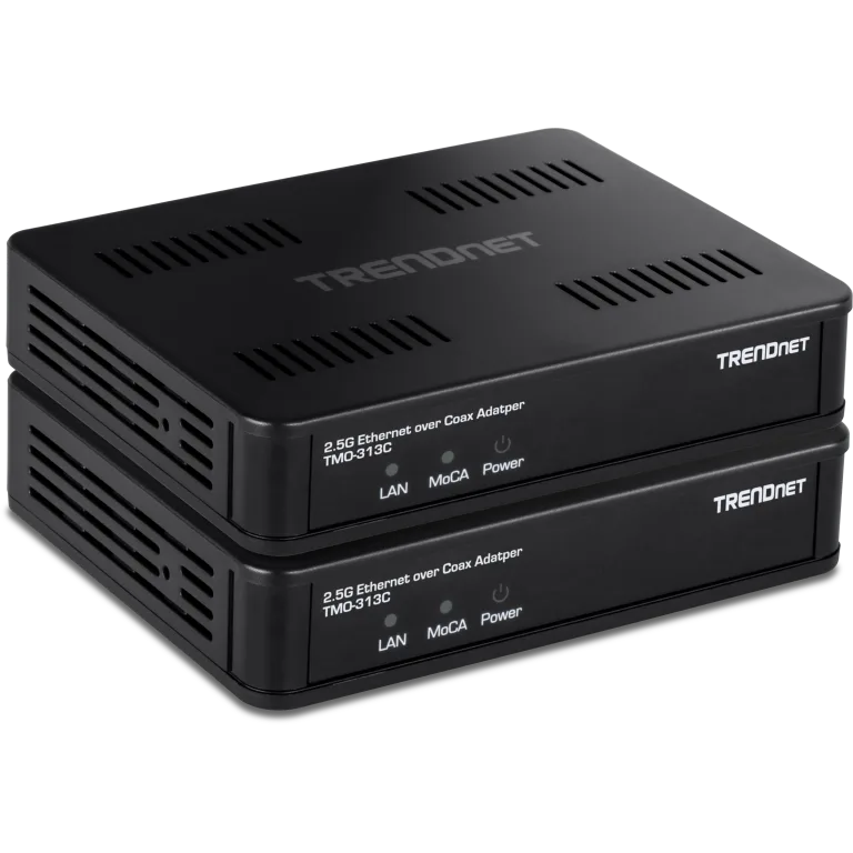 Pareja de adaptadores TRENDnet TMO-313C con puerto Ethernet y conector coaxial