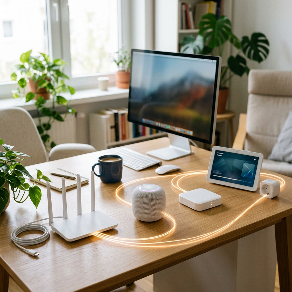 Dispositivos del hogar conectado bajo una red de código binario rojo, ilustrando un reto clave de seguridad IoT