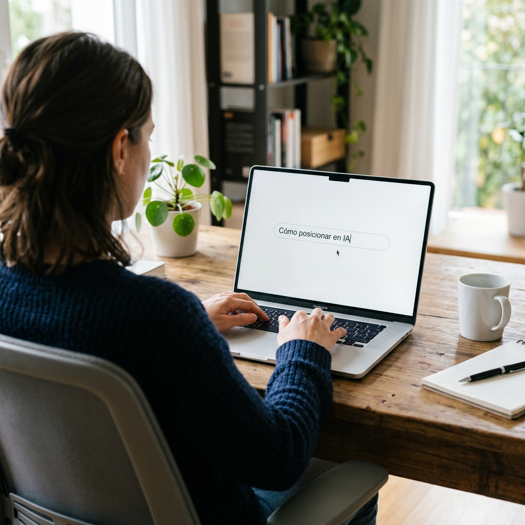 Persona de espaldas escribiendo «Cómo posicionar en IA» en el buscador web de su portátil