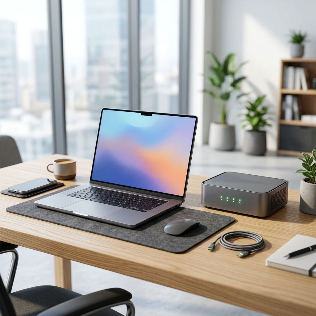 Persona ante un portátil con iconos de IA y un escudo digital para garantizar la ciberseguridad corporativa