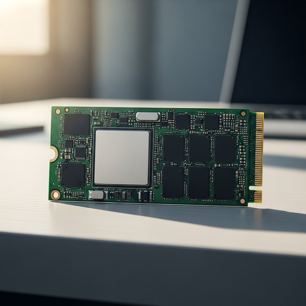Primer plano de un disco SSD con gráficos de luces que simulan la compactación de datos en bases de datos