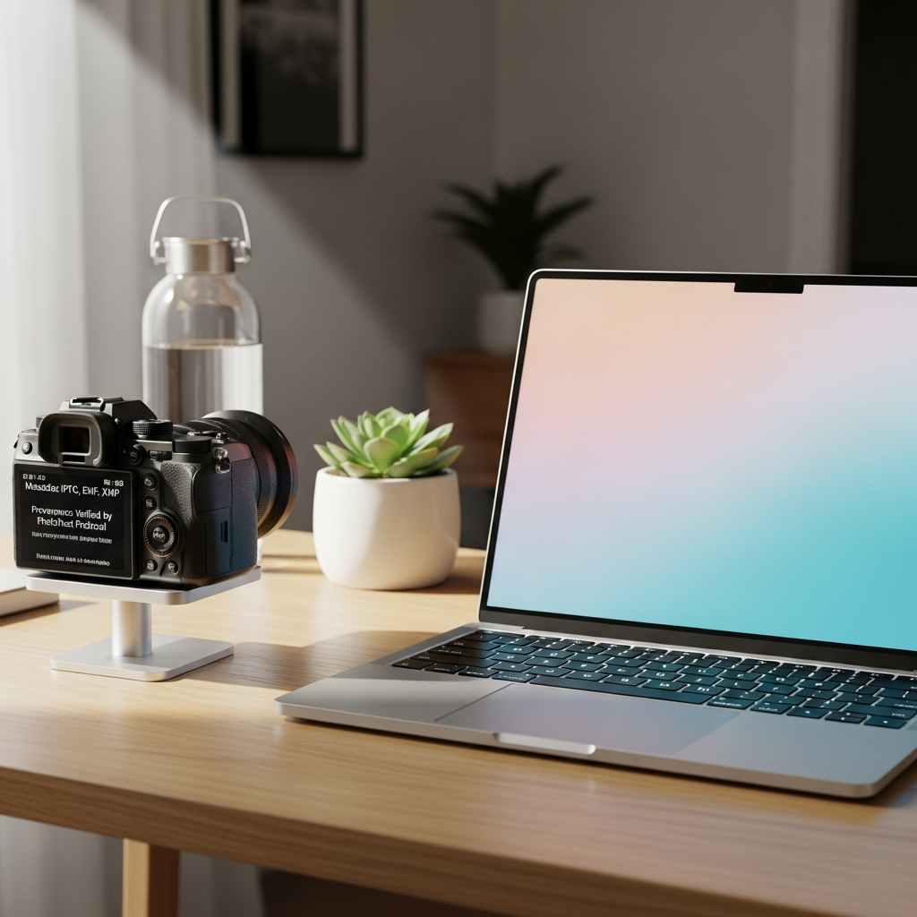 Programador configurando metadatos C2PA en una pantalla de código en cumplimiento de la Ley de IA