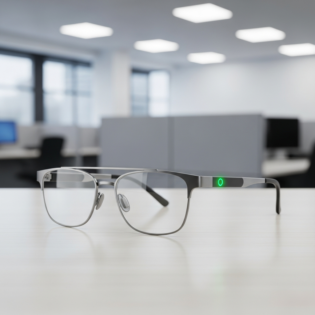 Persona en una oficina con gafas inteligentes y un LED encendido, ilustrando riesgos de privacidad y RGPD