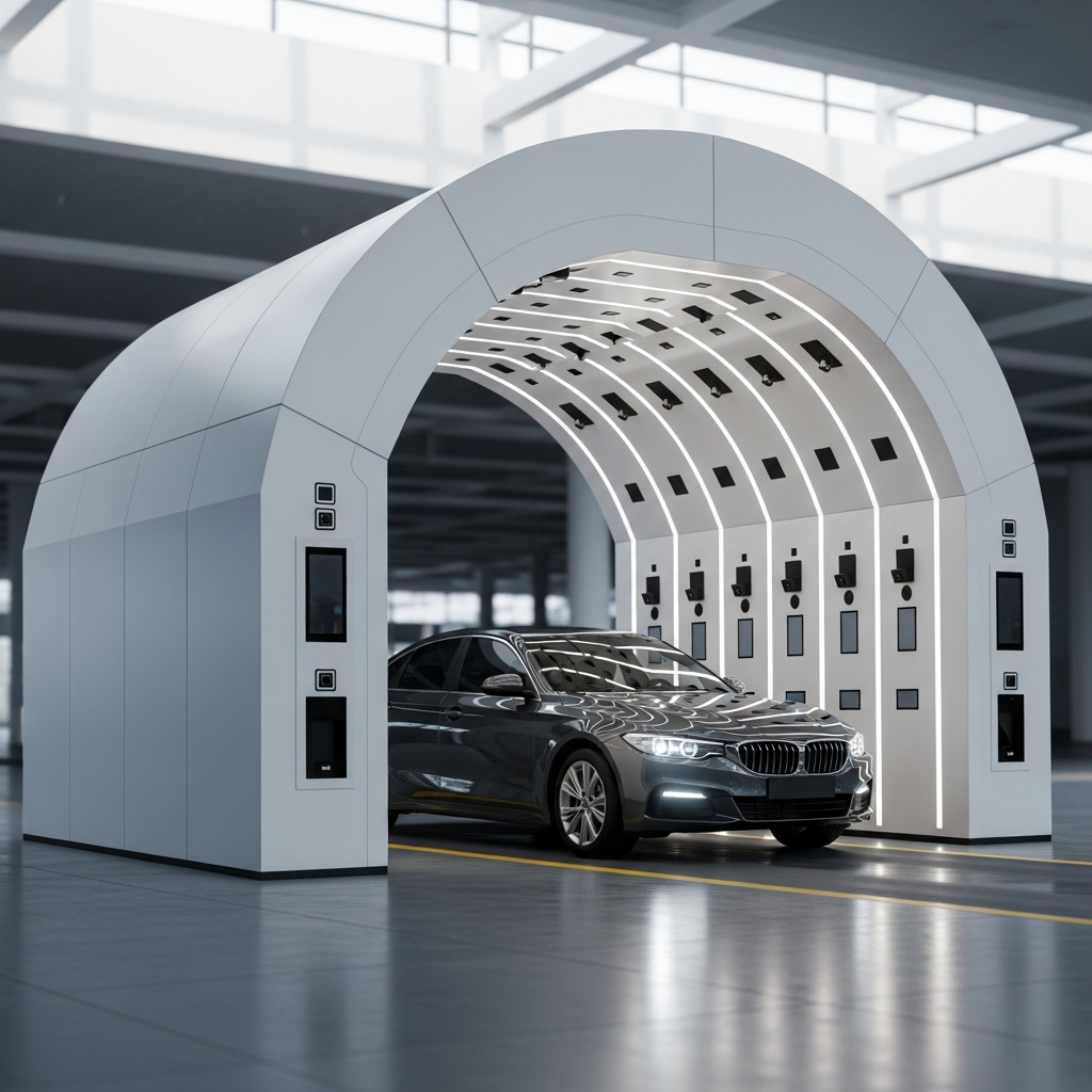 Arco de visión artificial escaneando un coche de alquiler para detectar daños en la carrocería