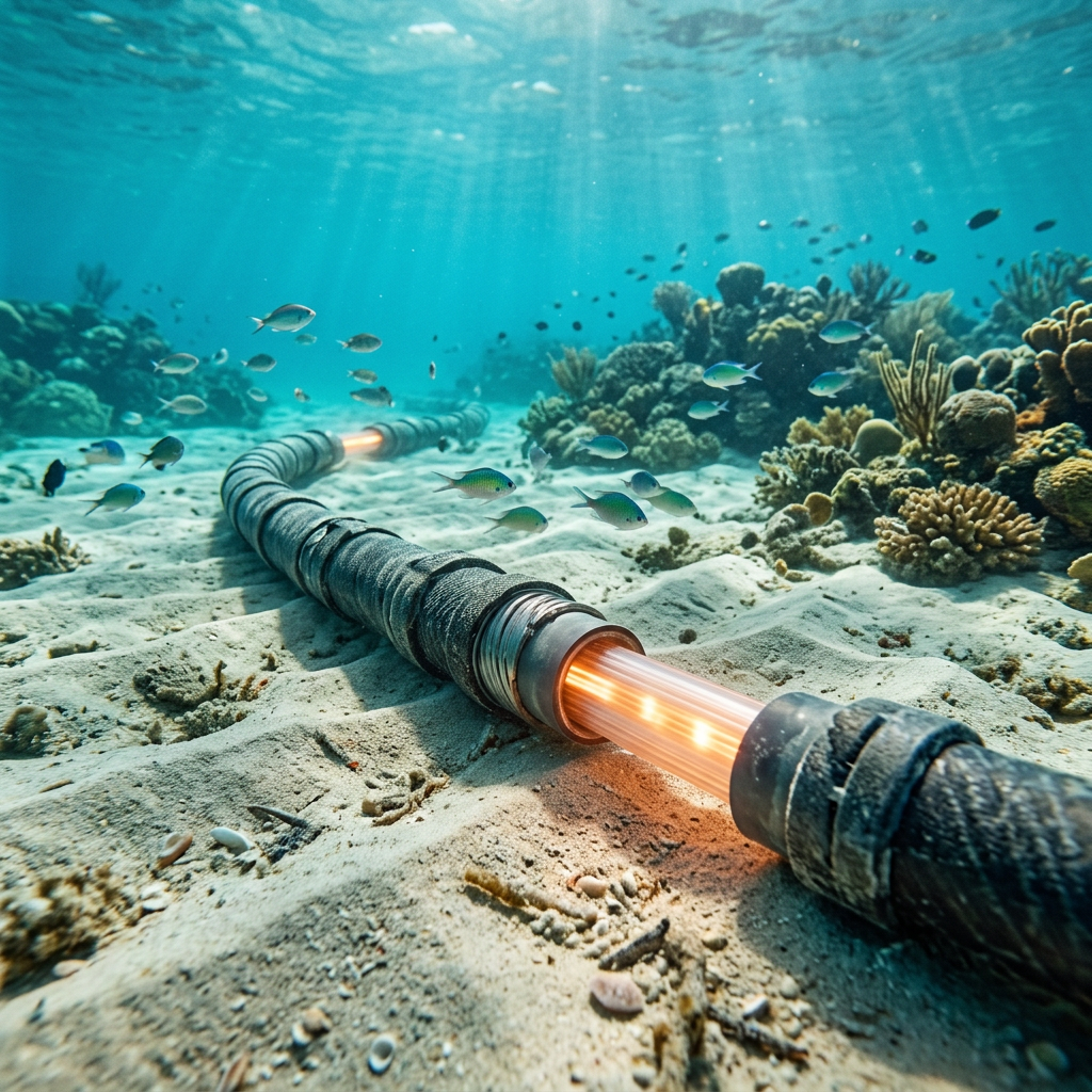 Mapa global iluminado con las rutas de cables submarinos que conectan servidores y la infraestructura cloud
