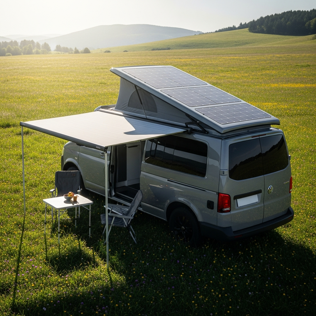 Paneles solares instalados en el techo de una furgoneta camper, listos para generar energía solar camper en ruta
