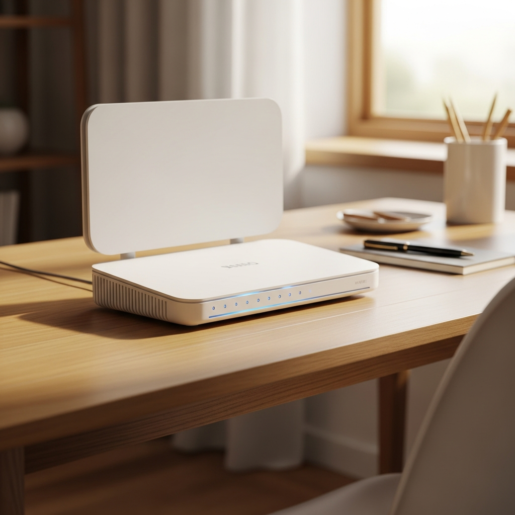 Router HGU de Movistar con luces encendidas sobre un escritorio, útil para saber cómo actualizar router movistar