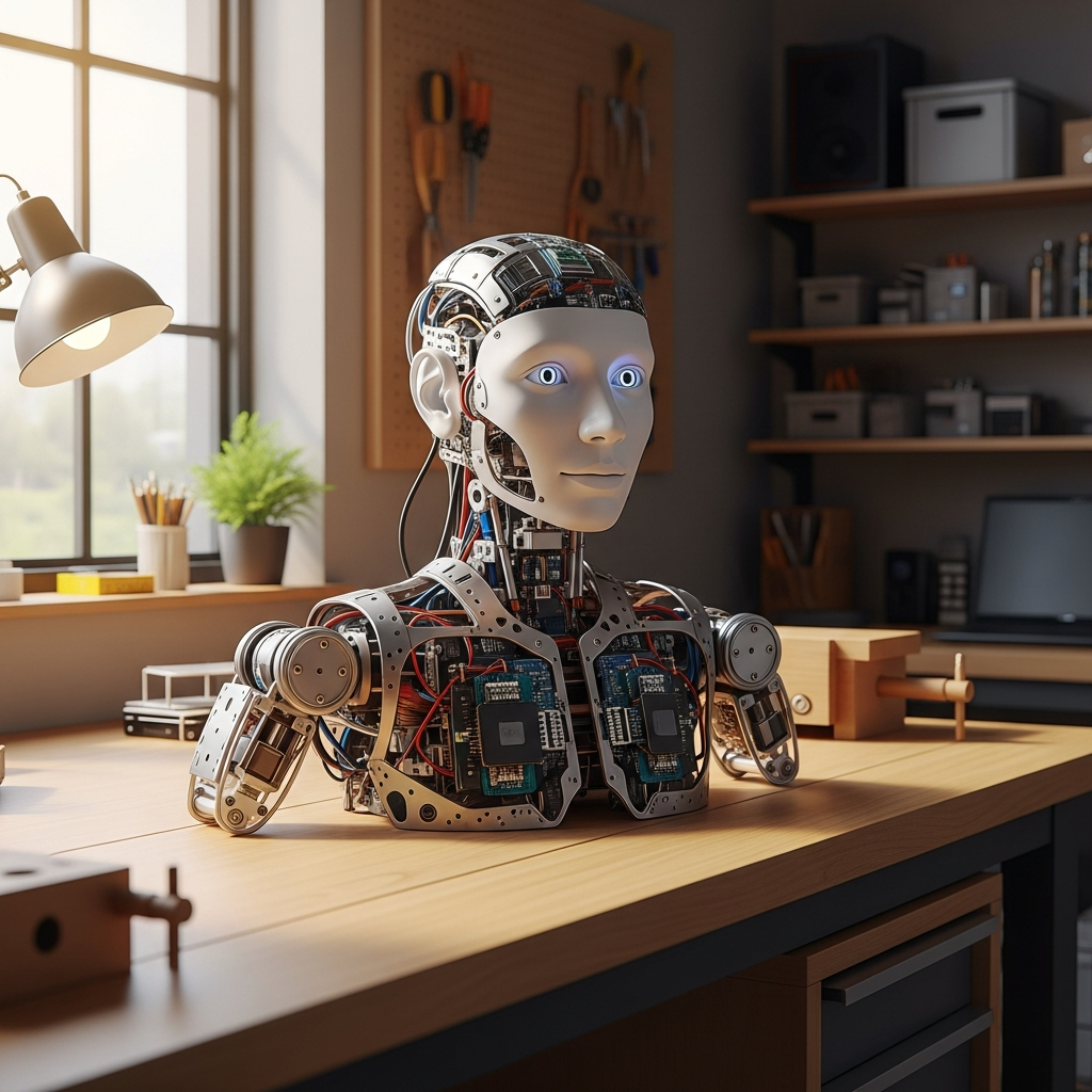 Técnico de sistemas configurando un robot humanoide en un entorno local mediante el software ROS 2