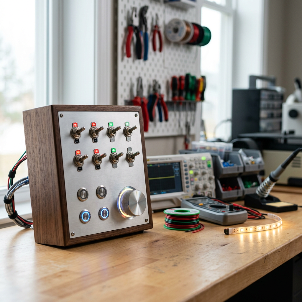 Mano ajustando perillas y botones en un panel electrónico, ejemplo de ergonomía y buen diseño de interfaces